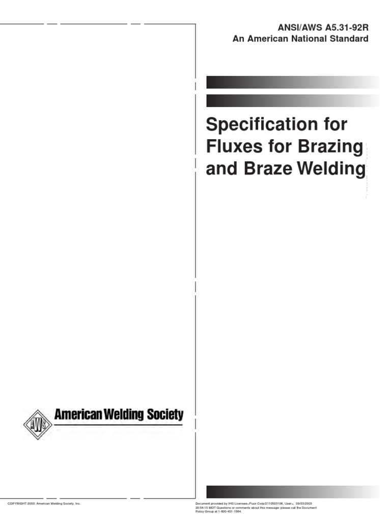 Specification for fluxes for brazing and braze welding ansi aws a5 31