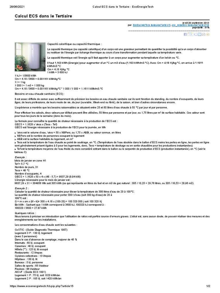 Calcul de l'ECS dans le Tertiaire | PDF | Capacité thermique | Température