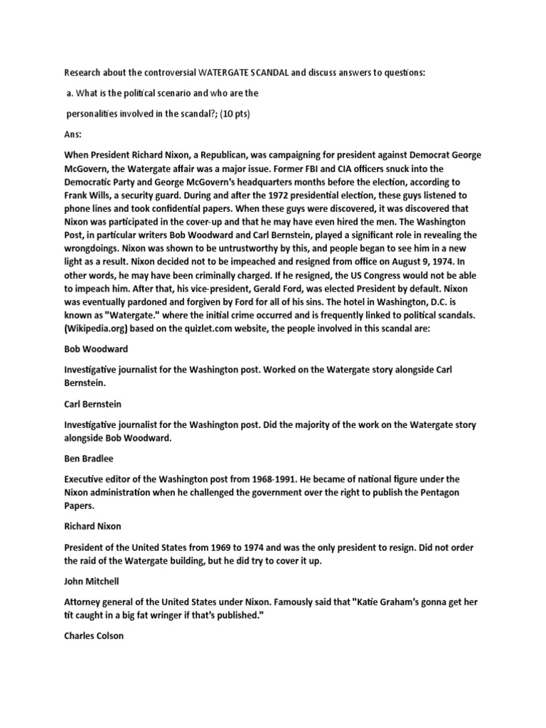 Research About The Controversial WATERGATE SCANDAL and Discuss Answers