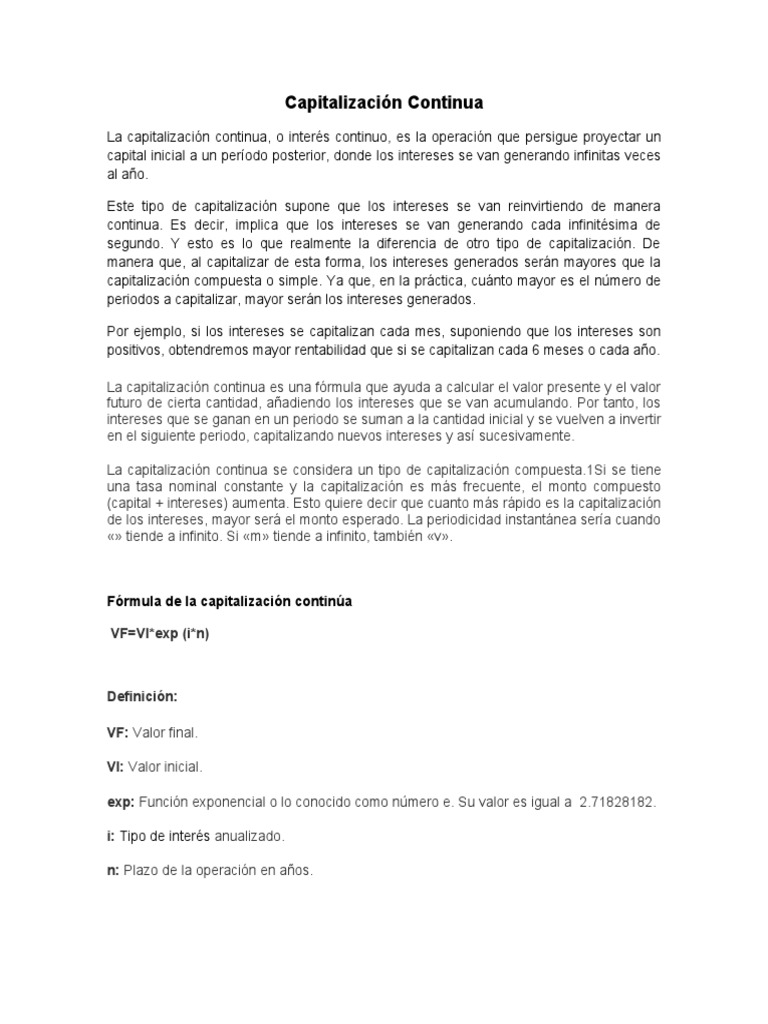 Practica de Capitalización Continua PDF Interés Interés compuesto