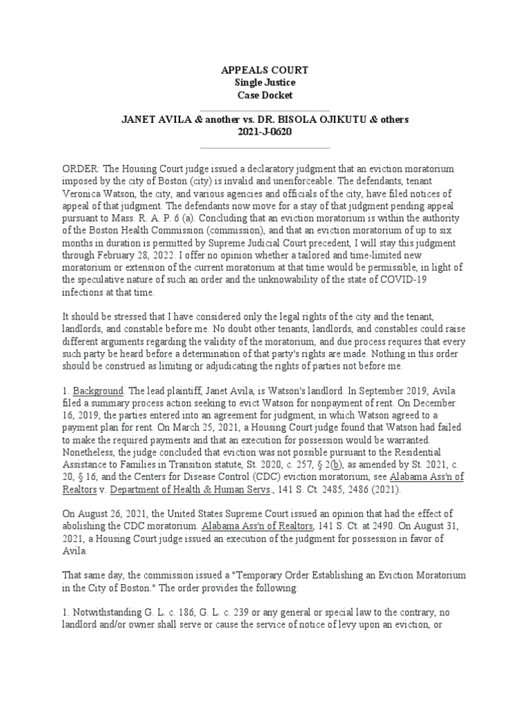 Massachusetts Appeals Court Single Justice Ruling On Boston Eviction