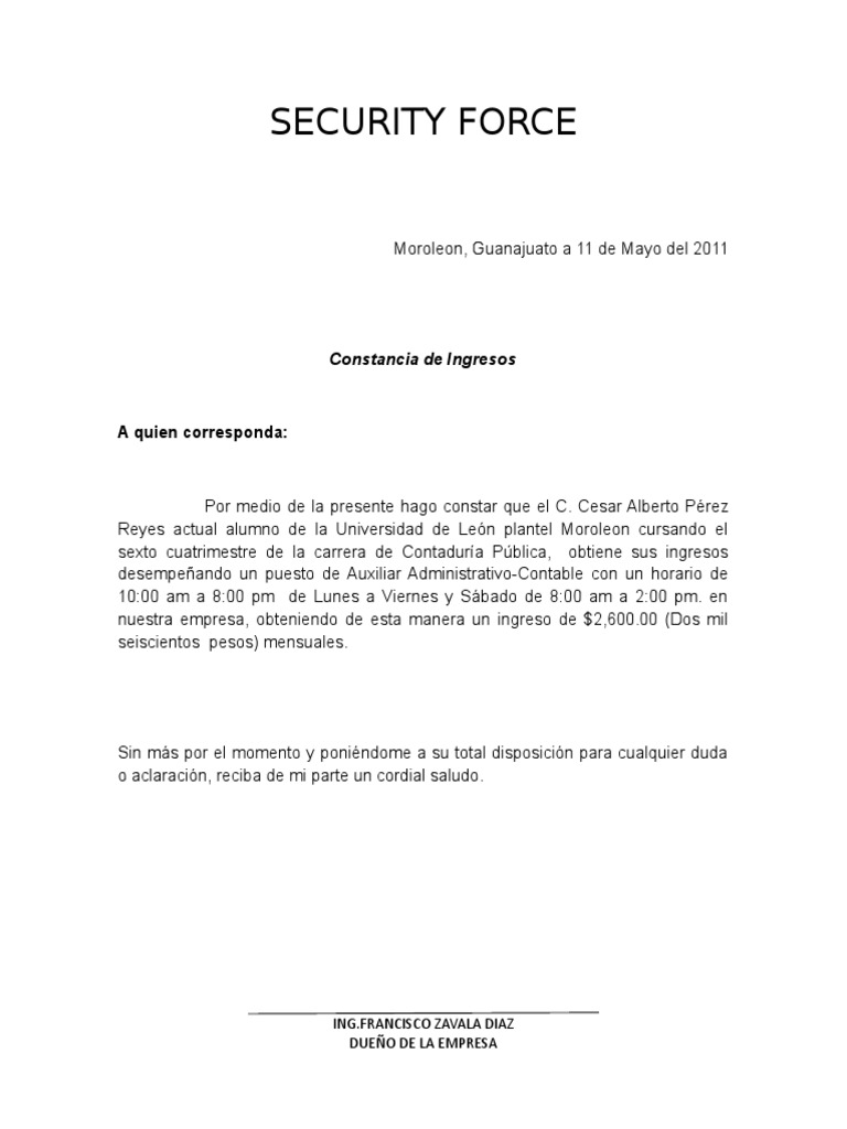 Ejemplo Constancia de Ingresos  Negocios