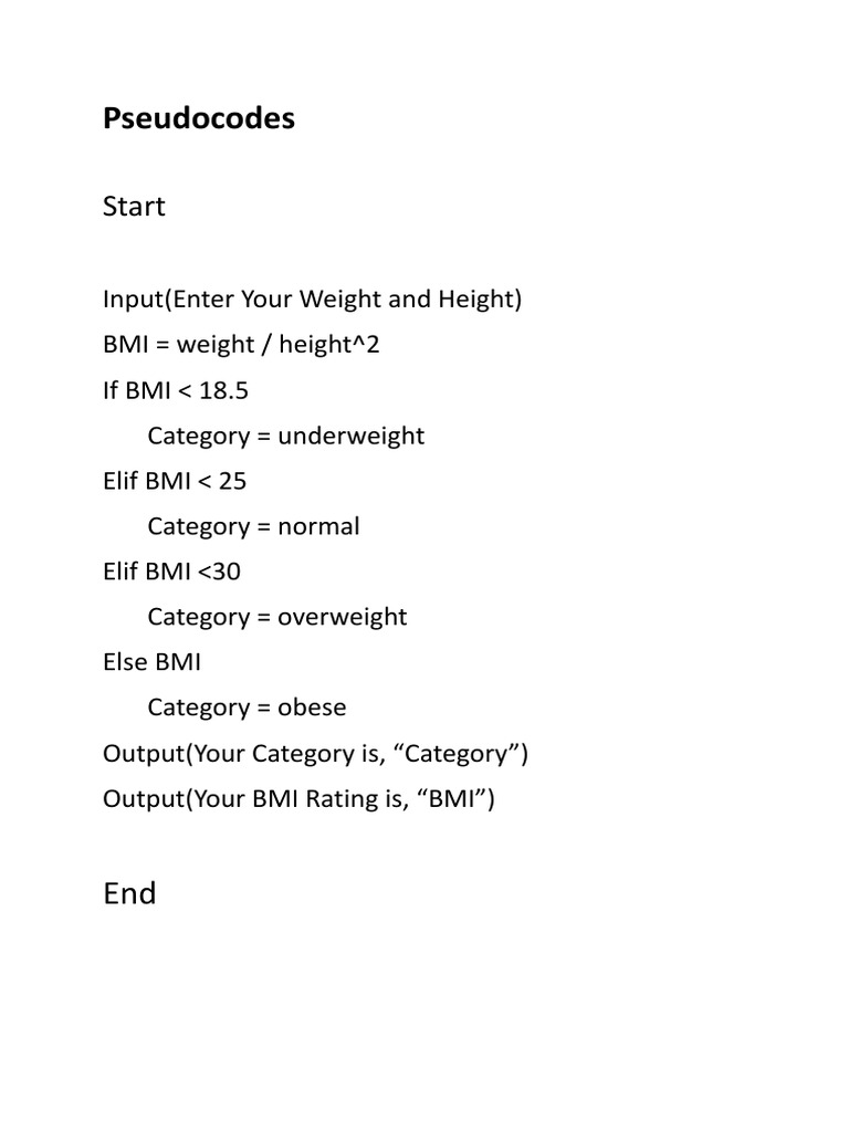 BMI Calculator Pseudocode Guide | PDF