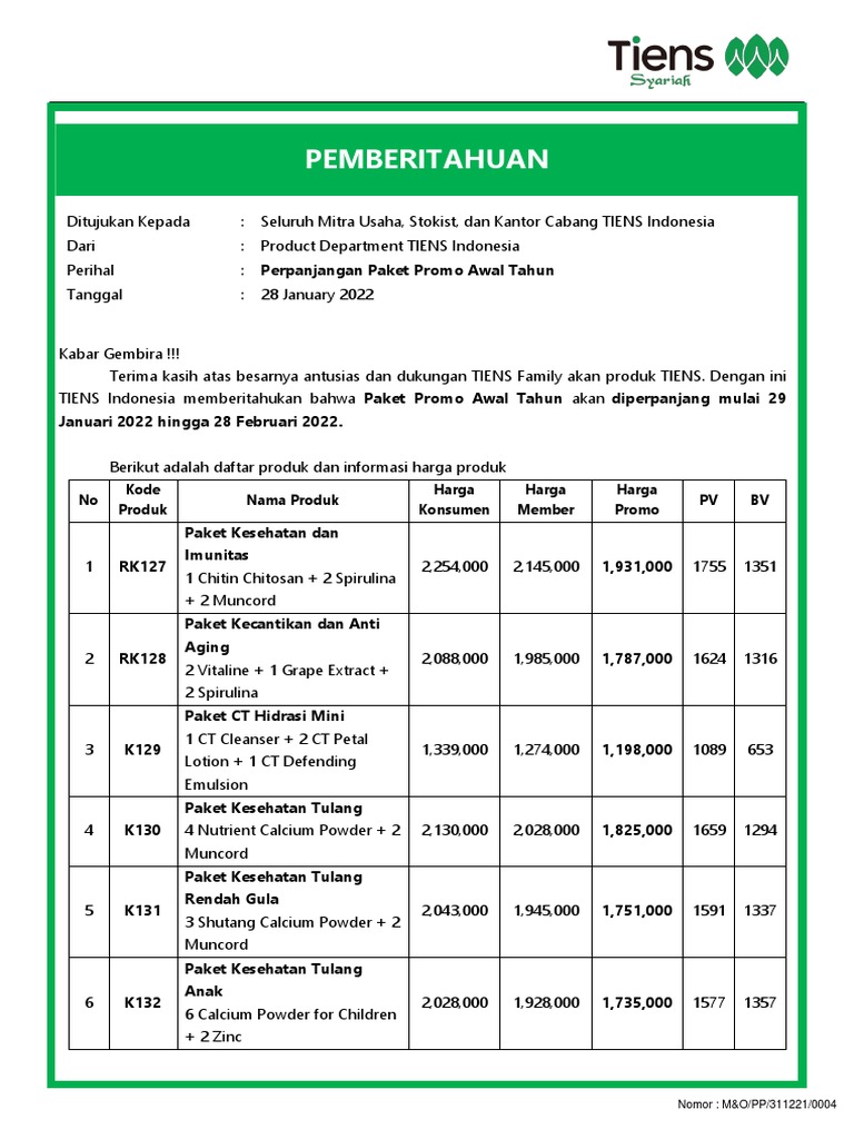 Perpanjangan Promo Awal Tahun TIENS | PDF