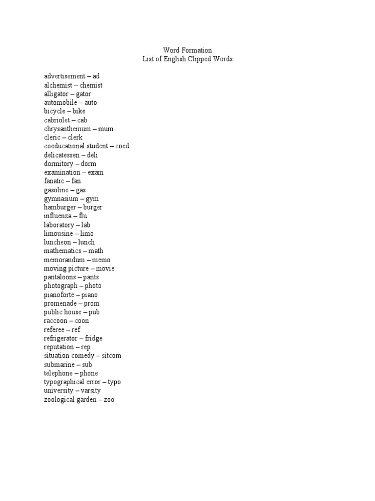 English Clipped Words PDF Restaurant And Catering