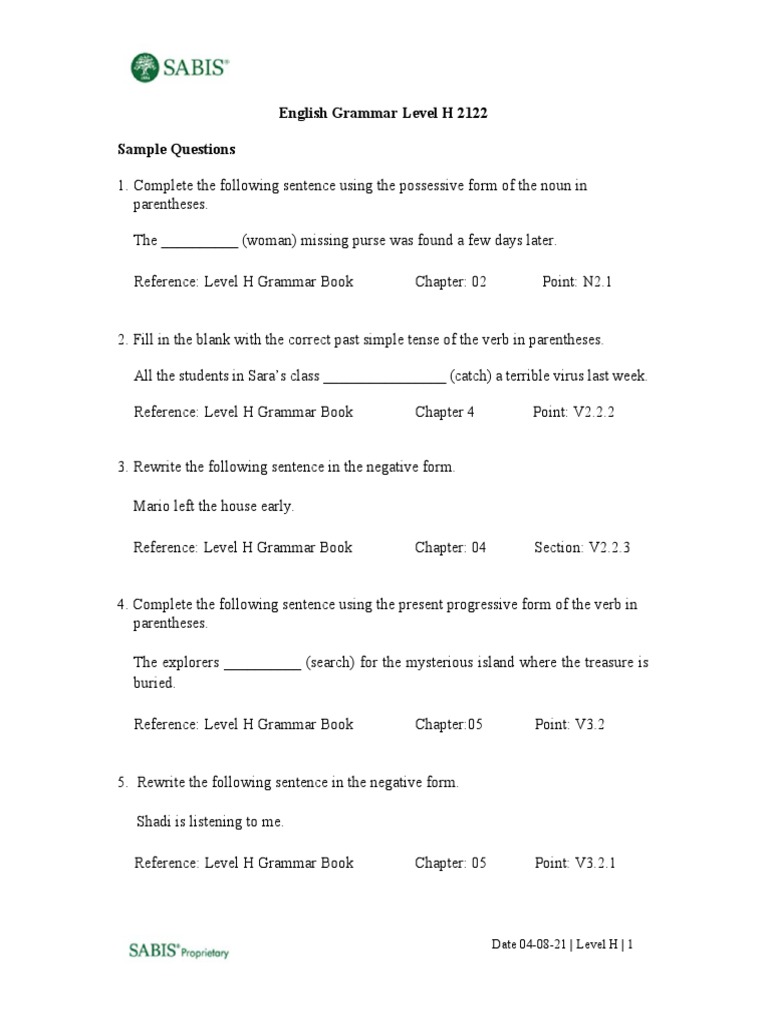 English Grammar Level H 2122 Sample Questions PDF Noun Verb