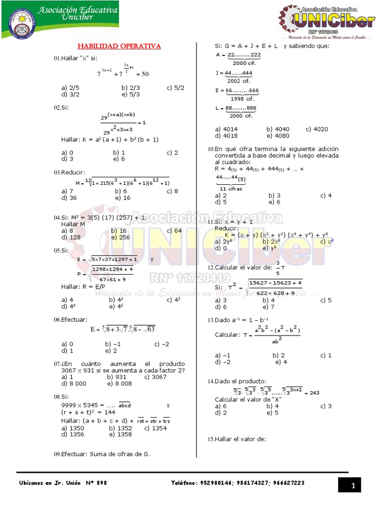Ejercicios de Matemáticas y Operaciones | PDF | Matemática Elemental ...
