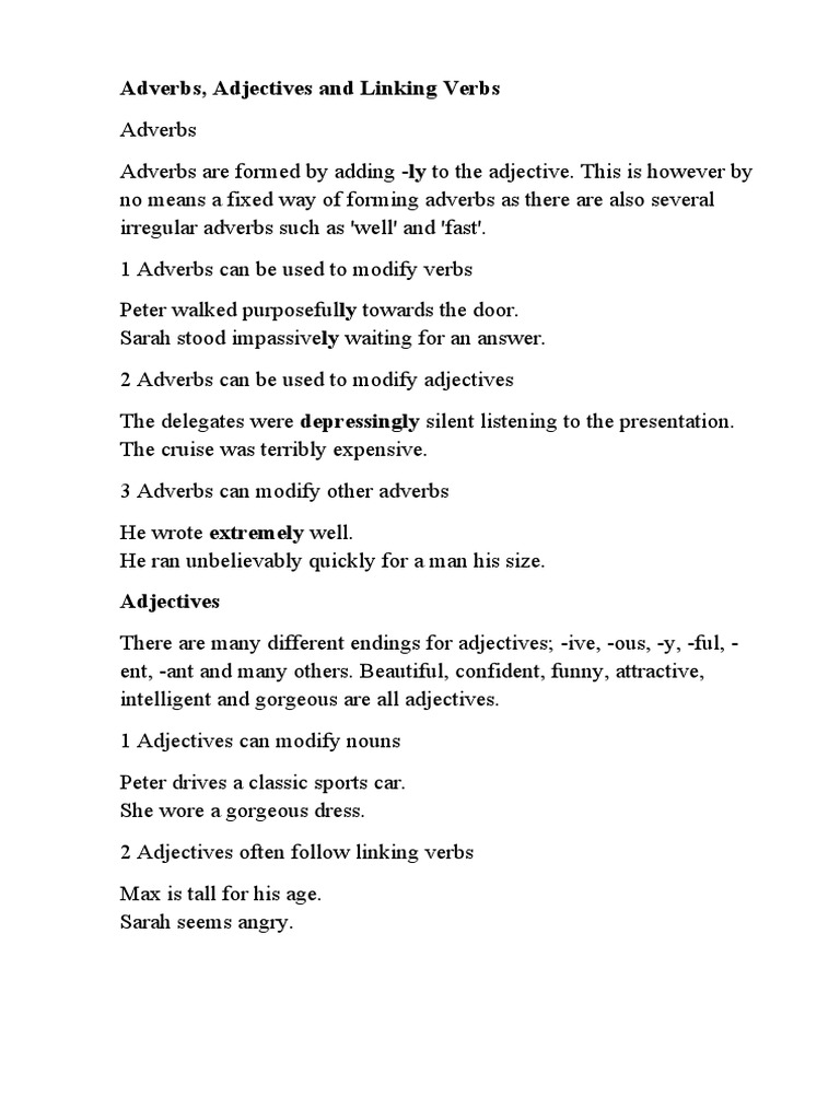 Adverbs, Adjectives and Linking Verbs | PDF | Language Arts ...