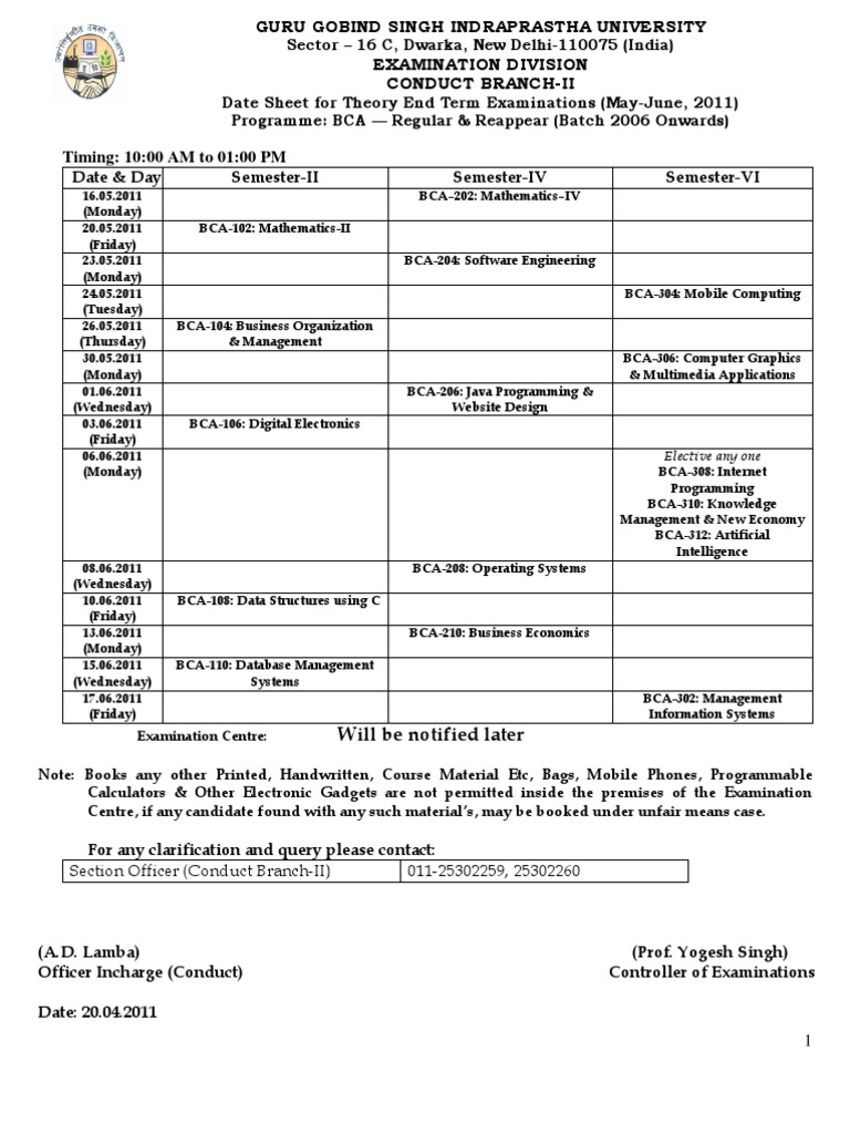 BCA DateSheet | PDF