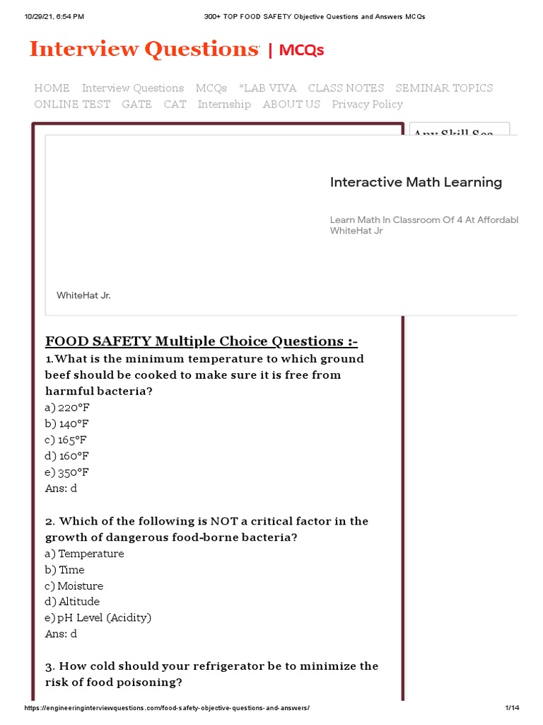 TOP FOOD SAFETY Objective Questions and Answers MCQs PDF Grilling