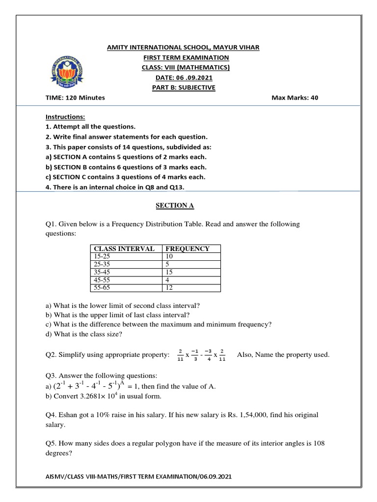 Class 8 Maths Exam Paper | PDF | Elementary Geometry | Euclidean Plane ...