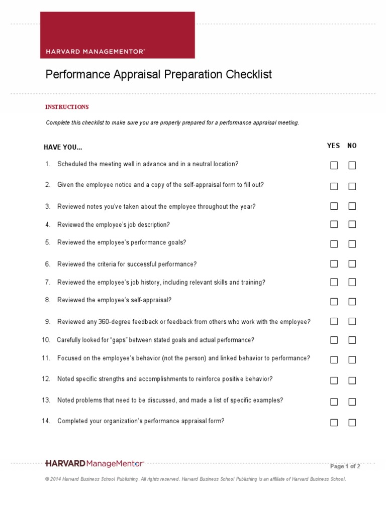 Performance Appraisal Preparation Checklist: Have You... Yes No | PDF ...