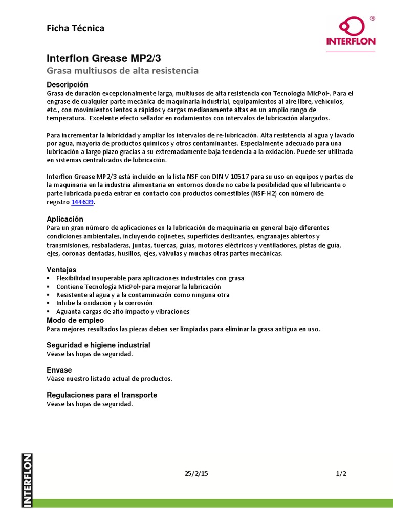 TANQUES DE REPOSOInterflon Food Grease HD00 PDF Lubricante Agua