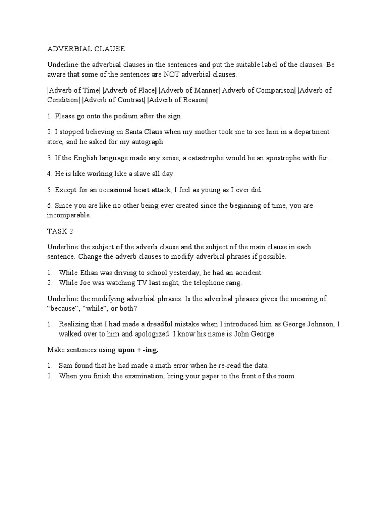 Adv Clause Question Sheet | PDF