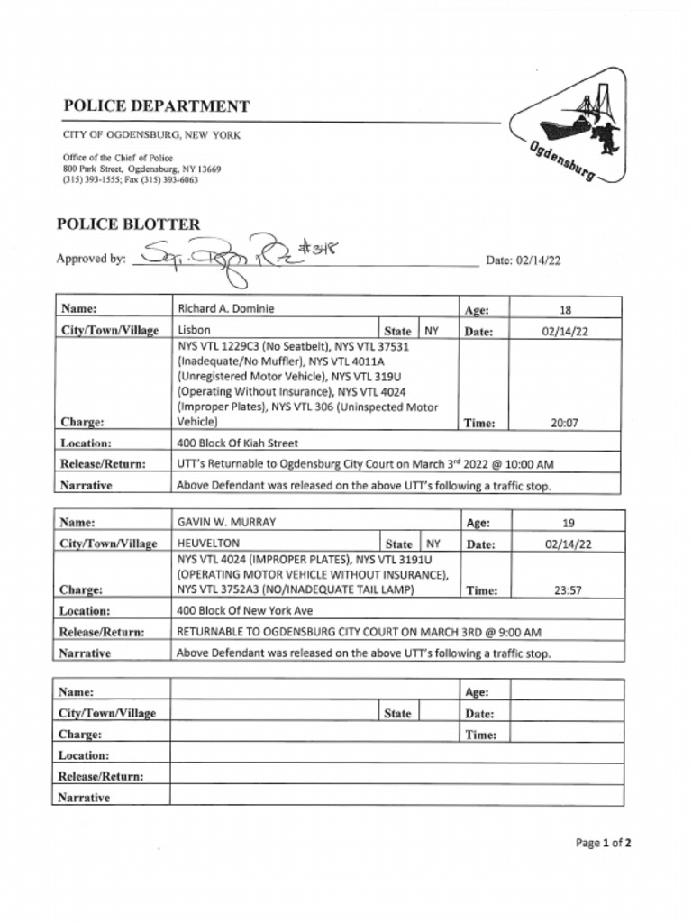 Ogdensburg Police Department Feb. 14, 2022 PDF