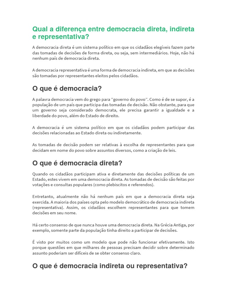 A Diferença Entre Democracia Direta, Indireta e Representativa PDF ...