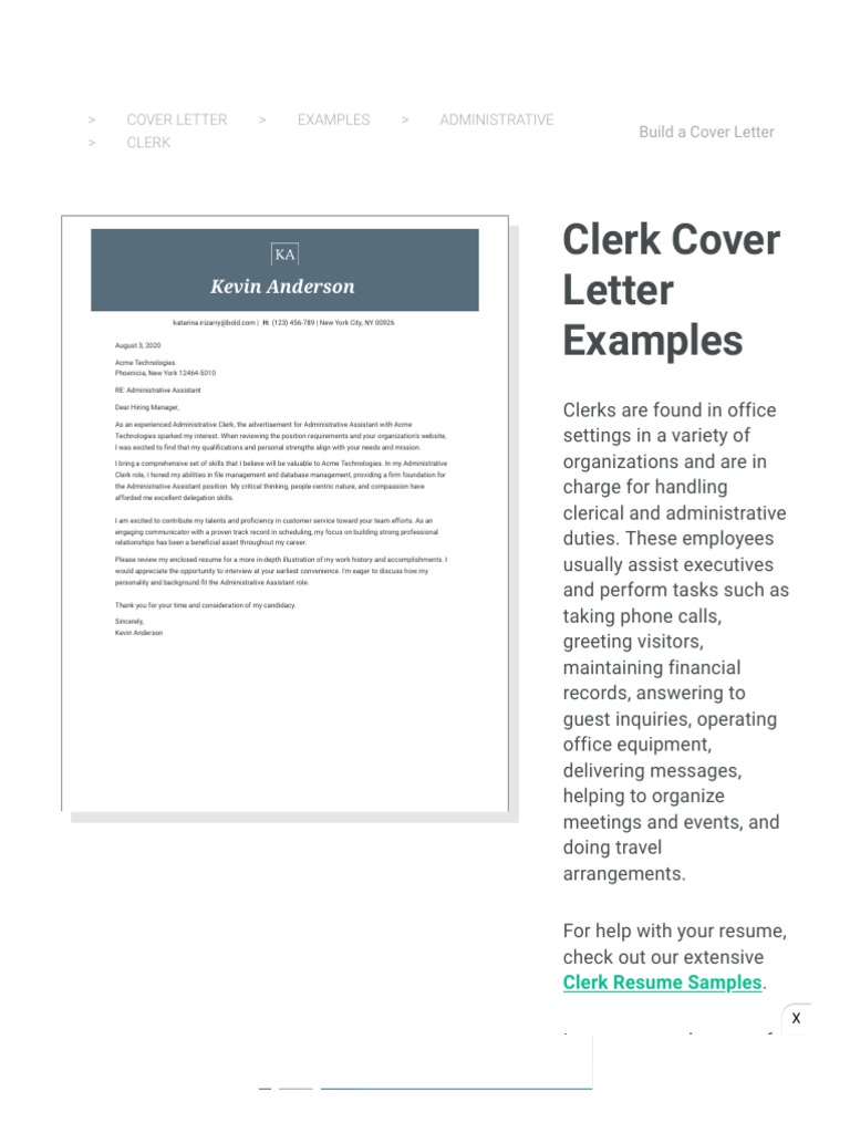 Clerk Cover Letter Examples JobHero PDF Business Communication