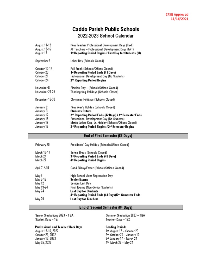Approved 2022 2023 CPSB School Calendar PDF Academic Term