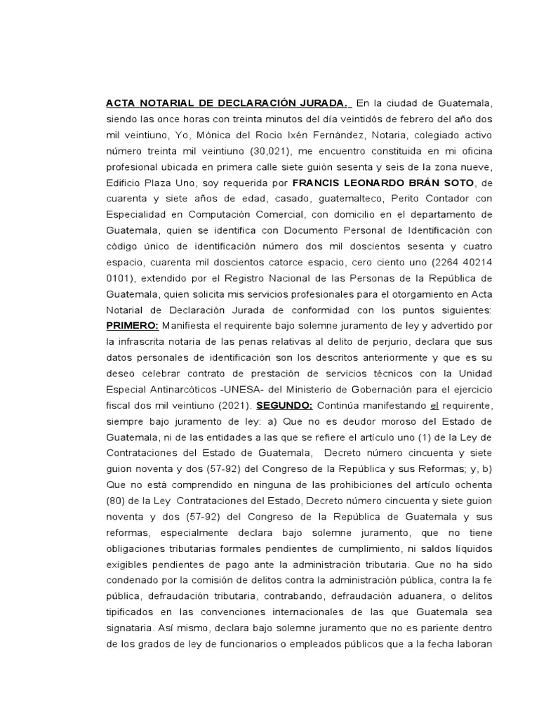 Acta Notarial de Declaración Jurada | PDF | Guatemala | Justicia