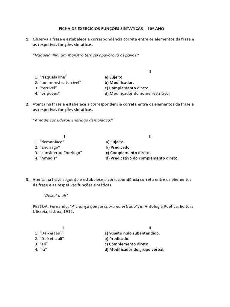 Ficha De Exercicios Funções Sintáticas 10 Ano Pdf Pronome Assunto