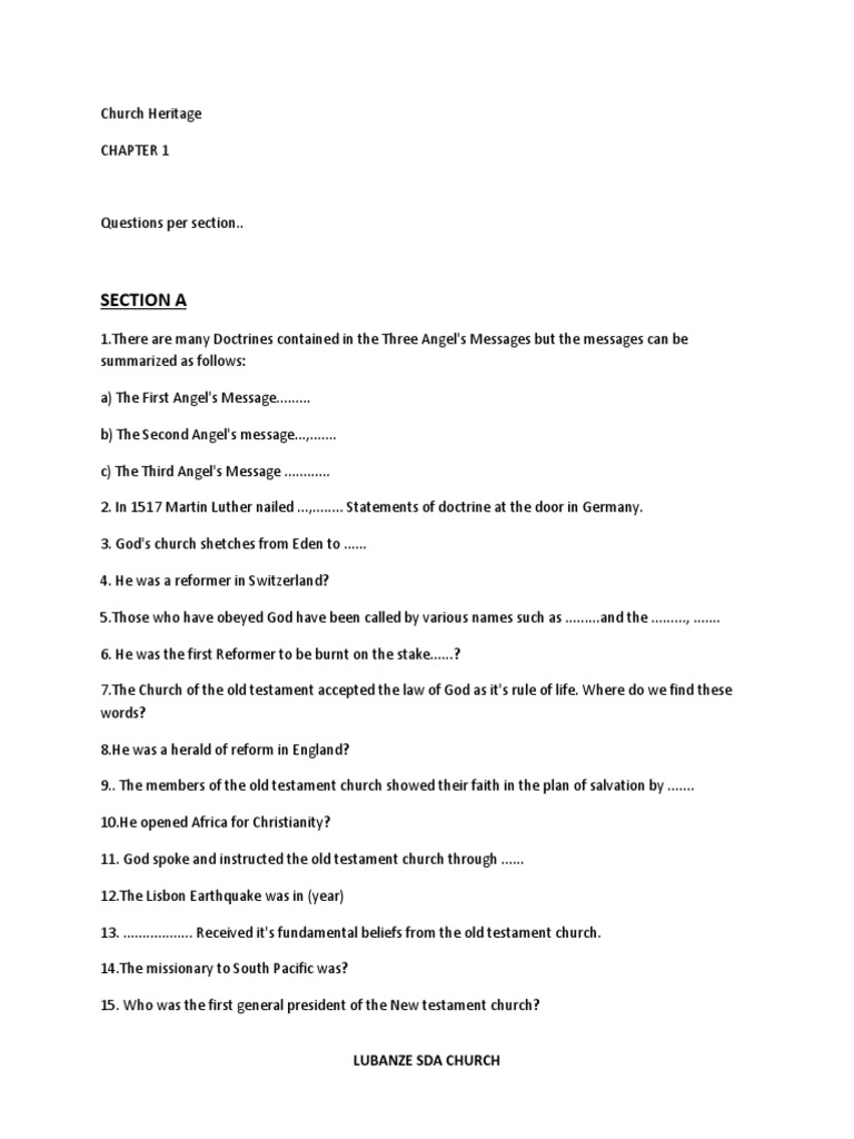 Church Heritage Questions Chapter by Chapter | Download Free PDF ...