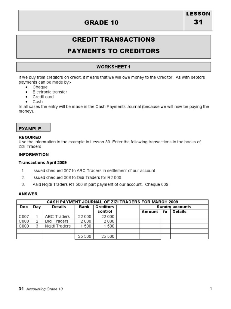 Grade 10 Credit Transactions Payments To Creditors: Worksheet 1 | PDF ...