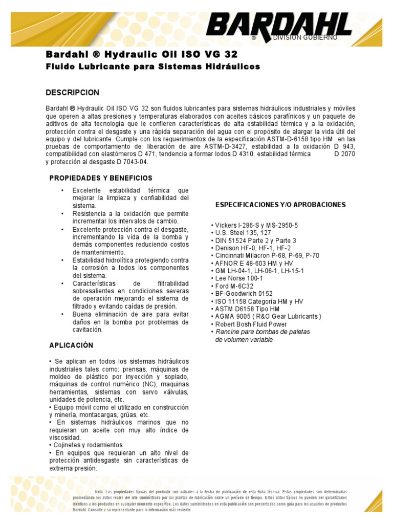 FTBardahl Hydraulic Oil ISO VG 32 PDF Lubricante Química