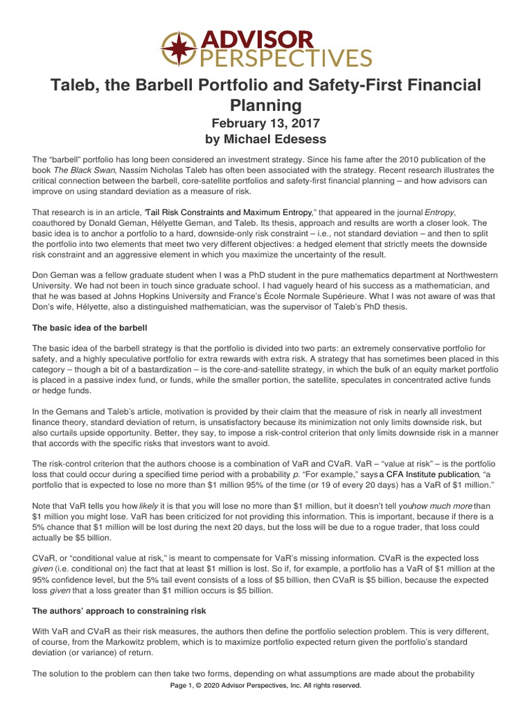 Taleb The Barbell Portfolio and Safety First Financial Planning PDF