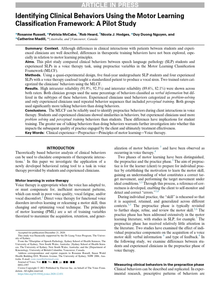 Identifying Clinical Behaviors Using The Motor Learning Classification ...