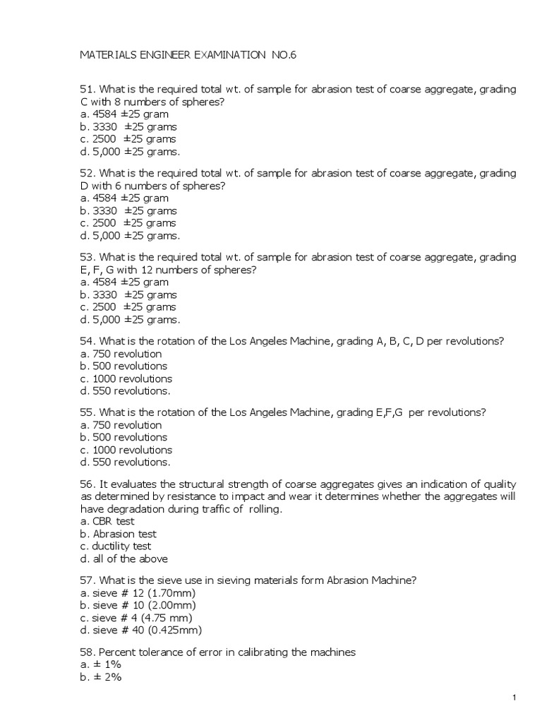 Materials Engineer Exam: Abrasion Tests & Strength | PDF | Paint | Concrete