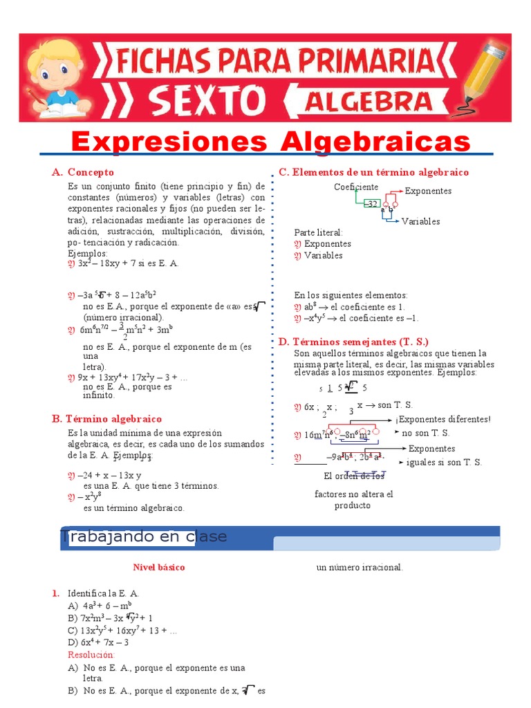 Ejercicios de Expresiones Algebraicas para Sexto de Primaria | PDF ...