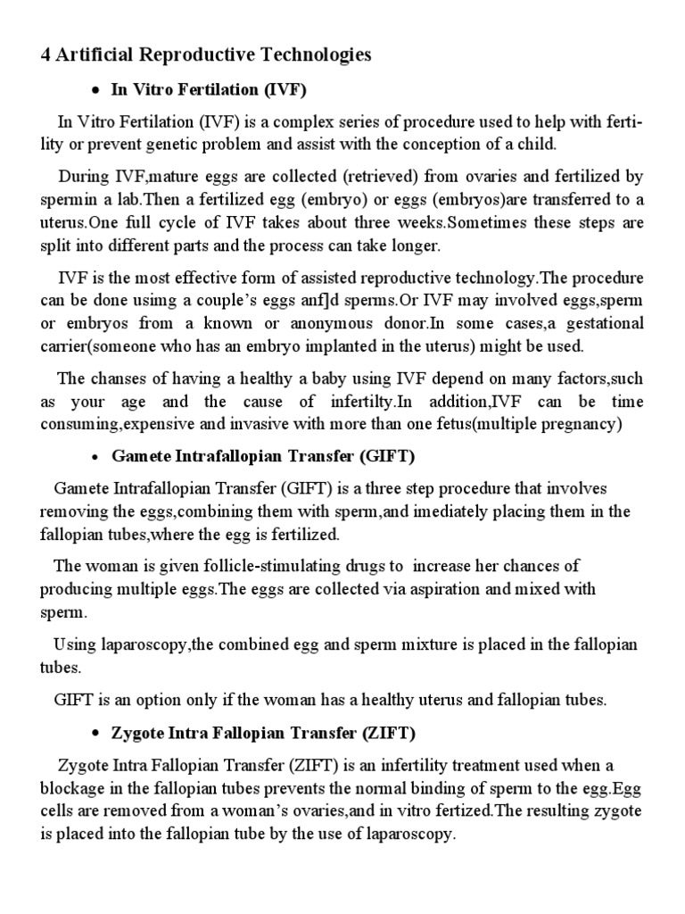 4 Artificial Reproductive Technologies Science 10 PDF In Vitro