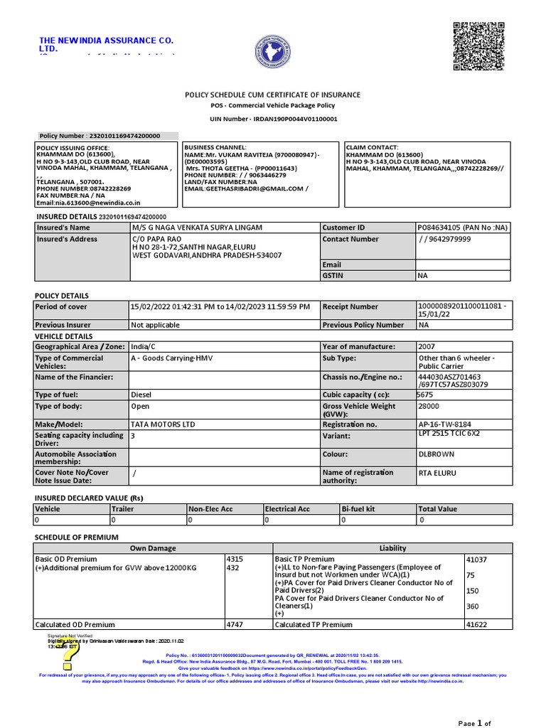 New India Assurance Vehicle Insurance Policy | PDF | Liability ...