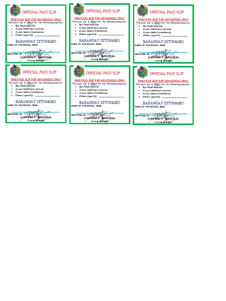 Official Household Pass Slip Template | PDF | Health Care | Health Sciences