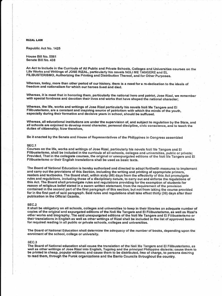 The Rizal Law Mandating the Study of Jose Rizal's Life, Works and