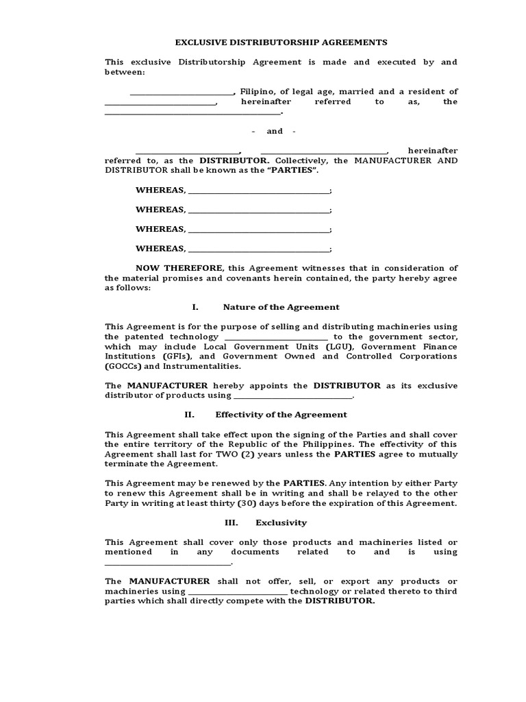 (Simple) DISTRIBUTORSHIP AGREEMENT SAMPLE PDF Damages Business Law