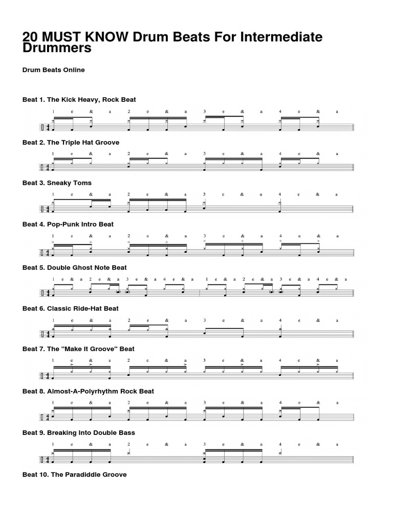 20 MUST KNOW Drum Beats For Intermediate Drummers | PDF