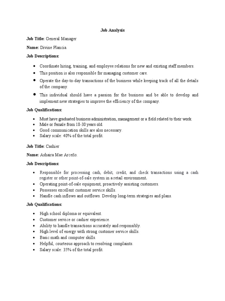 Job Analysis Job Title General Manager Name Divine Plancia. Job