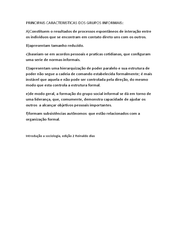 Características dos Grupos Informais | PDF | Carreira e Crescimento