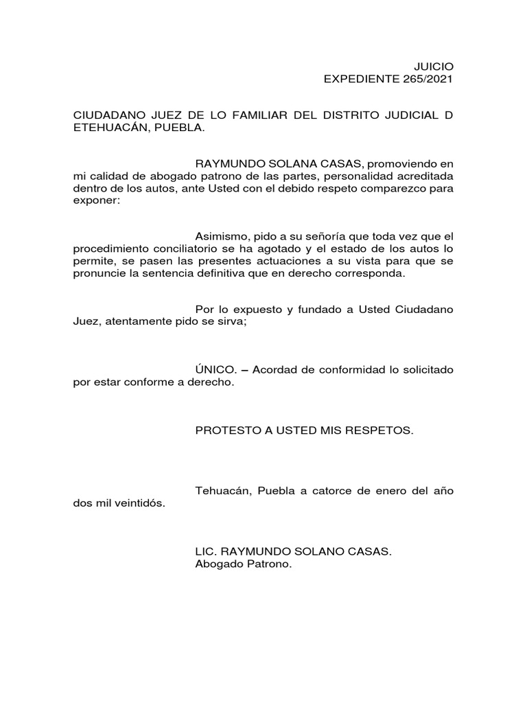 Escrito para Sentencia en Divorcio Incausado | PDF