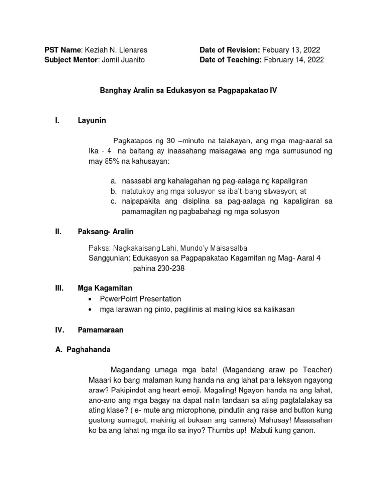 Lesson Plan in ESP (Llenares) | PDF