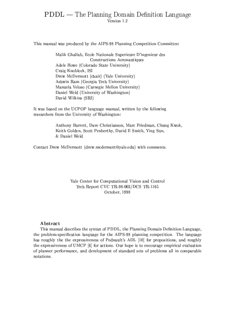 1998 PDDL Planning Domain Definition Language PDF