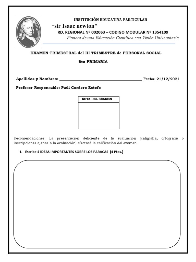 Examen de Personal Social 5to Primaria | PDF | Historia