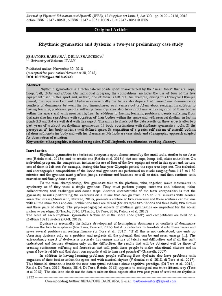 Rhythmic Gymnastics and Dyslexia A TwoYear Preliminary Case Study