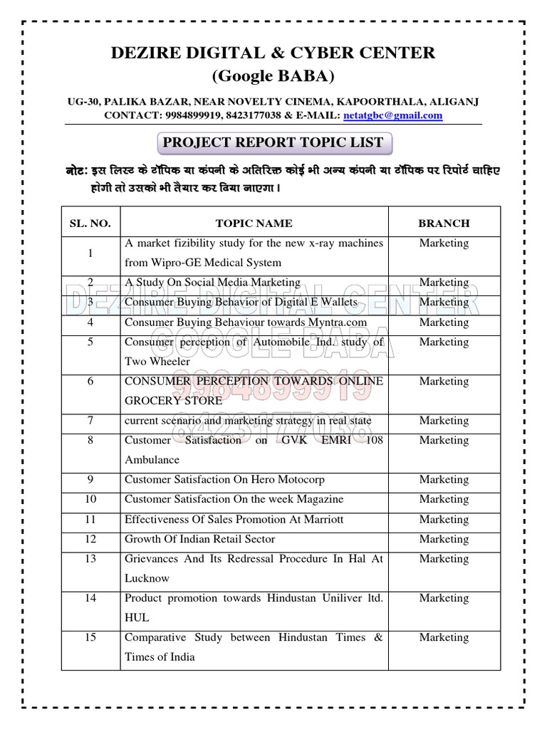 List Of Project Report Topics PDF Marketing Consumer Behaviour