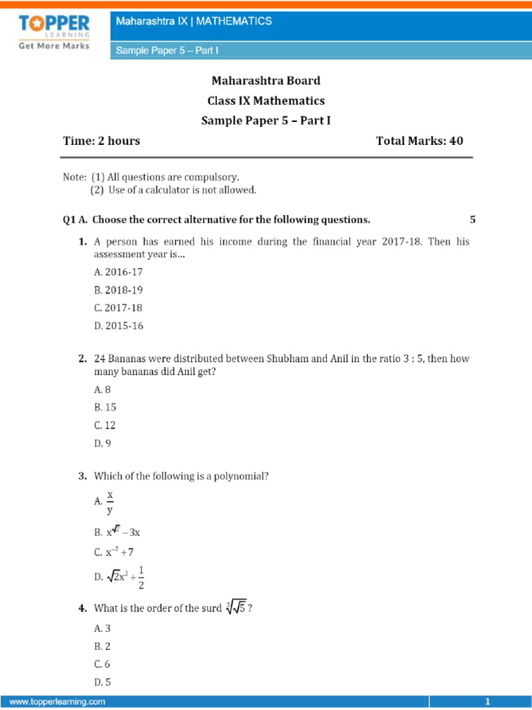 Sample Papers For MSB Maharashtra Class 9 Part I #5 Questions ...