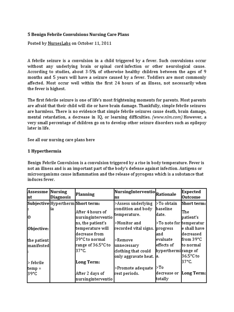 5 Benign Febrile Convulsions Nursing Care Plans | PDF | Epilepsy | Fever