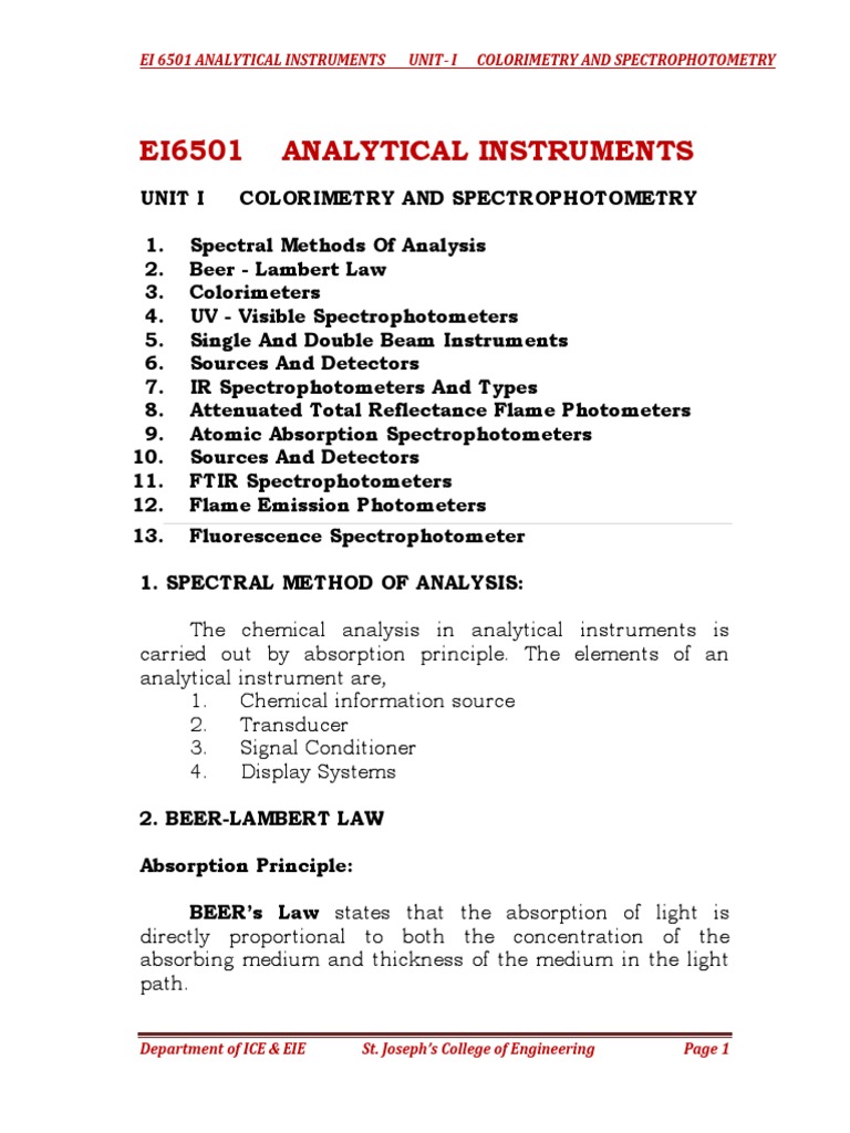 Ei 6501 Analytical Instruments UnitI Colorimetry and Spectrophotometry