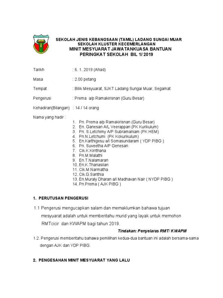 Minit Mesyuarat Bantuan Peringkat Sekolah RMT KWAPM - 2019 | PDF