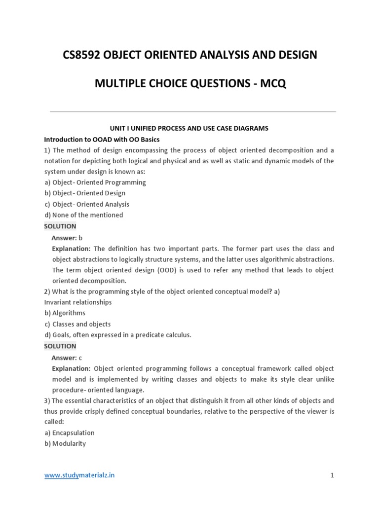 OOAD MCQs: Unified Process & UML | PDF | Use Case | Class (Computer ...